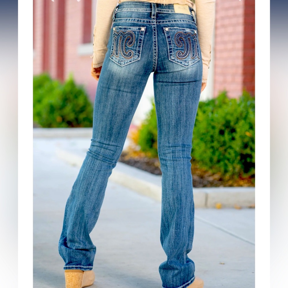 Miss Me Embossed Pocket Mid Rise Chloe Boot Cut